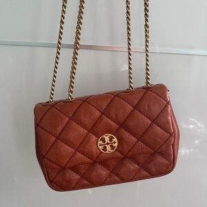 Tor Burch Quilted Brown Leather Shoulder Bag
